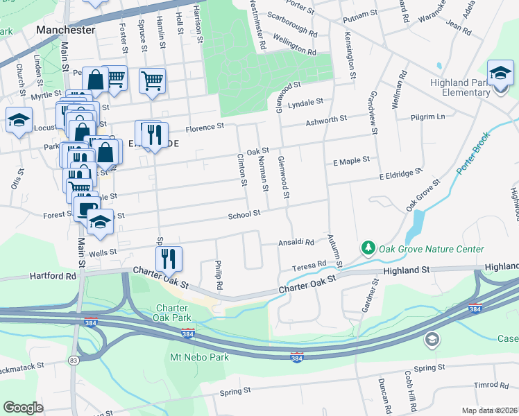 map of restaurants, bars, coffee shops, grocery stores, and more near 231 School Street in Manchester