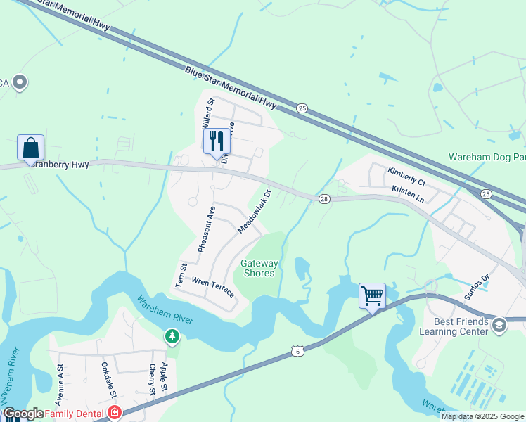map of restaurants, bars, coffee shops, grocery stores, and more near 8 Meadowlark Drive in Wareham