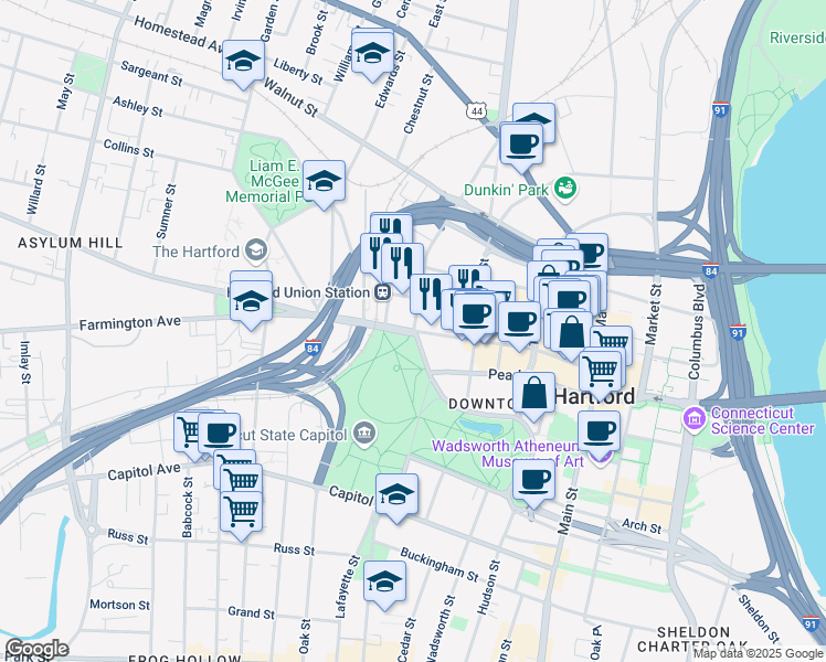 map of restaurants, bars, coffee shops, grocery stores, and more near 402 Asylum Street in Hartford
