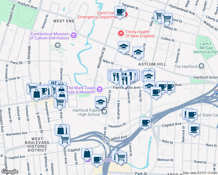 map of restaurants, bars, coffee shops, grocery stores, and more near Farmington Avenue in Hartford