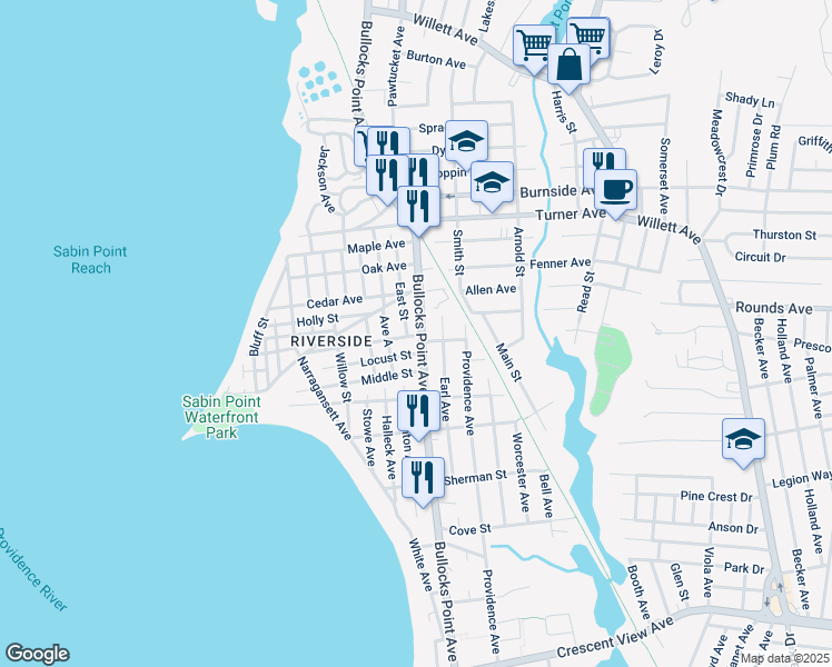 map of restaurants, bars, coffee shops, grocery stores, and more near 366 Bullocks Point Avenue in East Providence