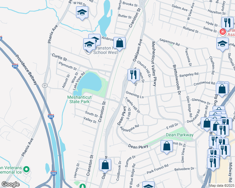 map of restaurants, bars, coffee shops, grocery stores, and more near 295 Oaklawn Avenue in Cranston