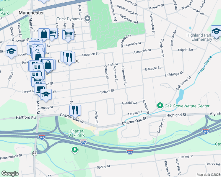 map of restaurants, bars, coffee shops, grocery stores, and more near 219 School Street in Manchester