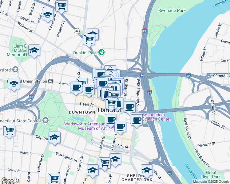 map of restaurants, bars, coffee shops, grocery stores, and more near 884-914 Main Street in Hartford