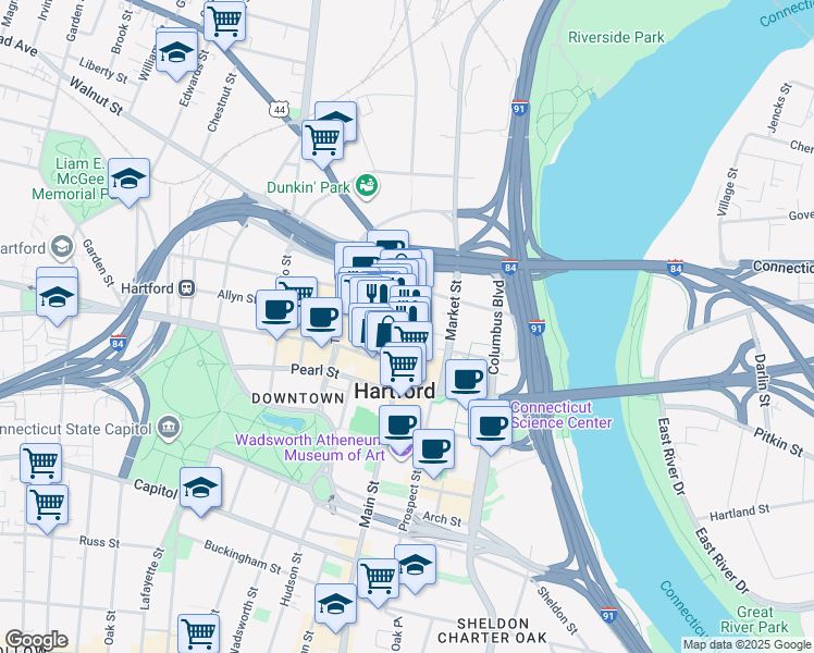map of restaurants, bars, coffee shops, grocery stores, and more near 905 Main Street in Hartford