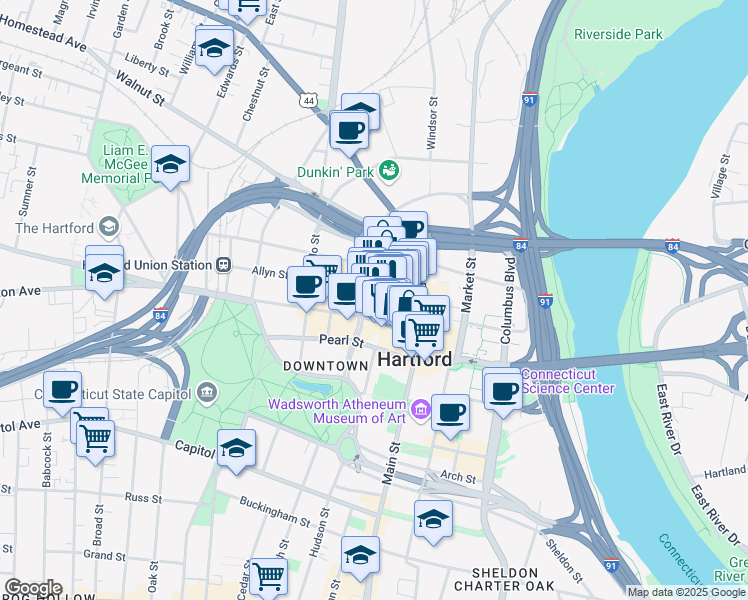 map of restaurants, bars, coffee shops, grocery stores, and more near in Hartford