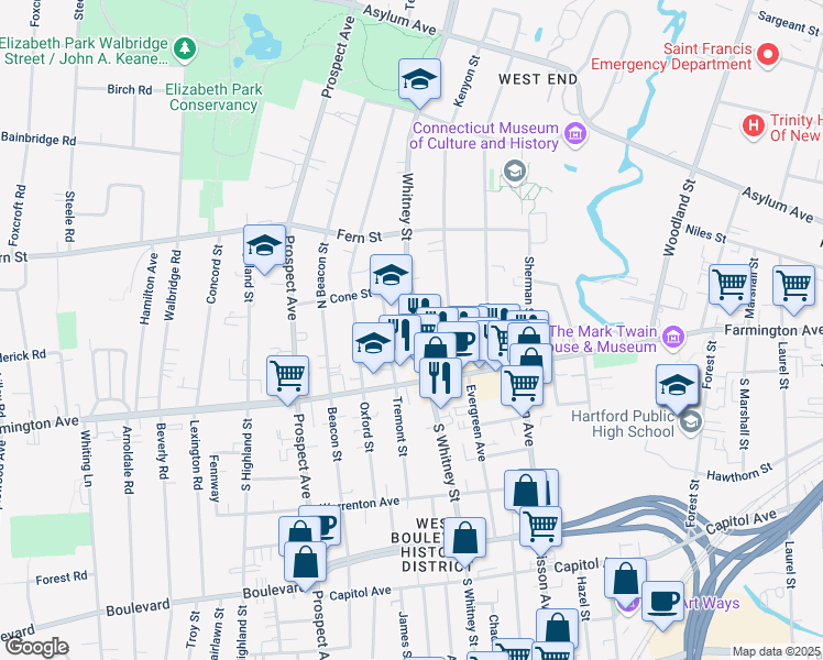 map of restaurants, bars, coffee shops, grocery stores, and more near 40 Whitney Street in Hartford