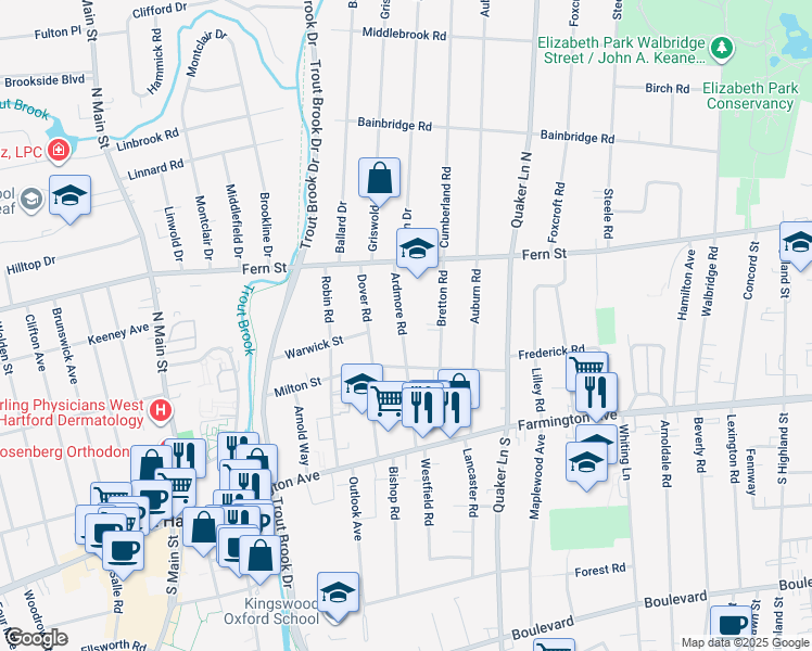map of restaurants, bars, coffee shops, grocery stores, and more near 97 Ardmore Road in West Hartford