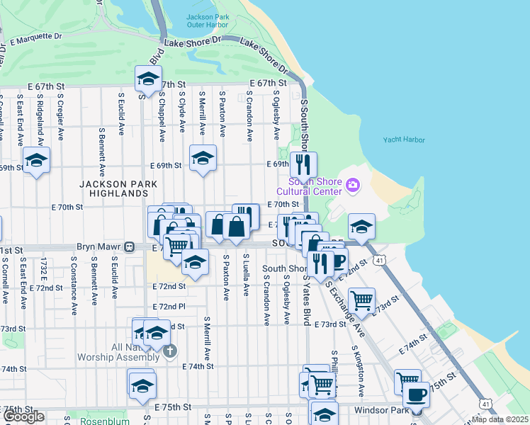 map of restaurants, bars, coffee shops, grocery stores, and more near 7014 South Oglesby Avenue in Chicago