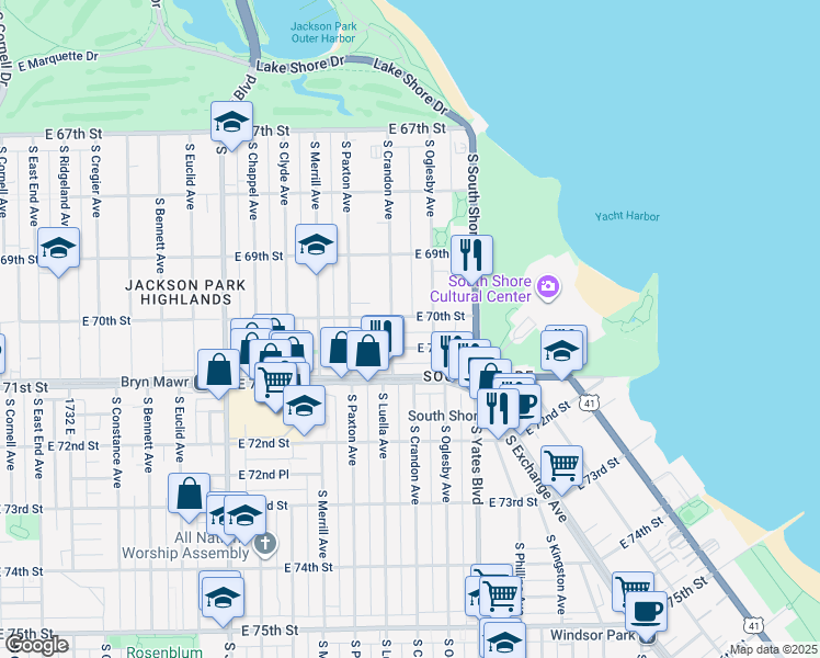 map of restaurants, bars, coffee shops, grocery stores, and more near 7014 South Oglesby Avenue in Chicago