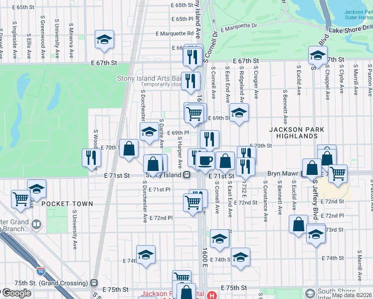 map of restaurants, bars, coffee shops, grocery stores, and more near 7006 South Harper Avenue in Chicago