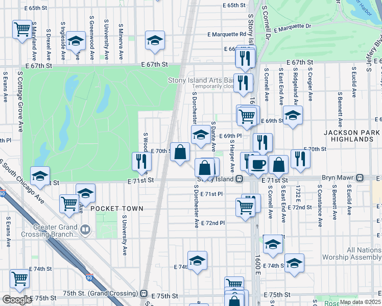 map of restaurants, bars, coffee shops, grocery stores, and more near 7012 South Dorchester Avenue in Chicago