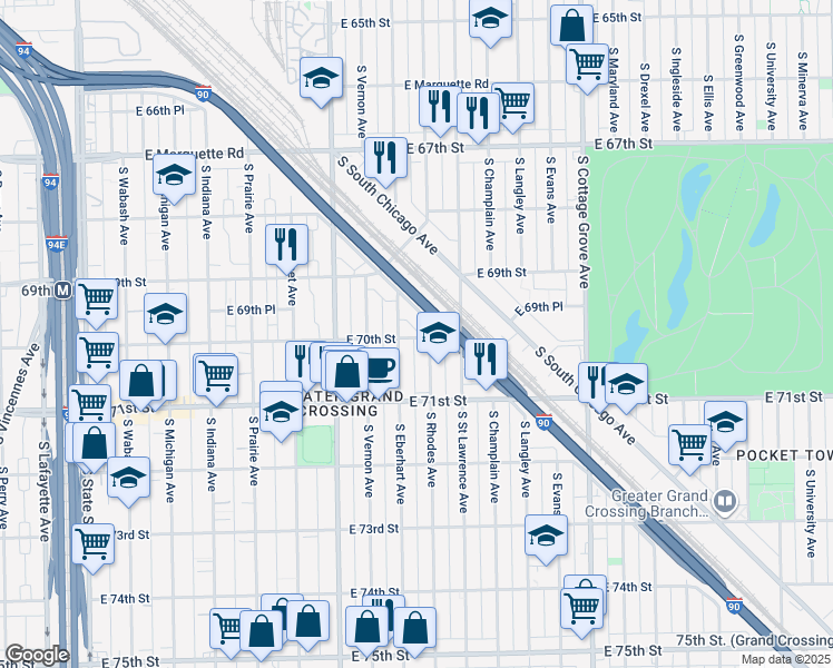 map of restaurants, bars, coffee shops, grocery stores, and more near 7002 South Rhodes Avenue in Chicago