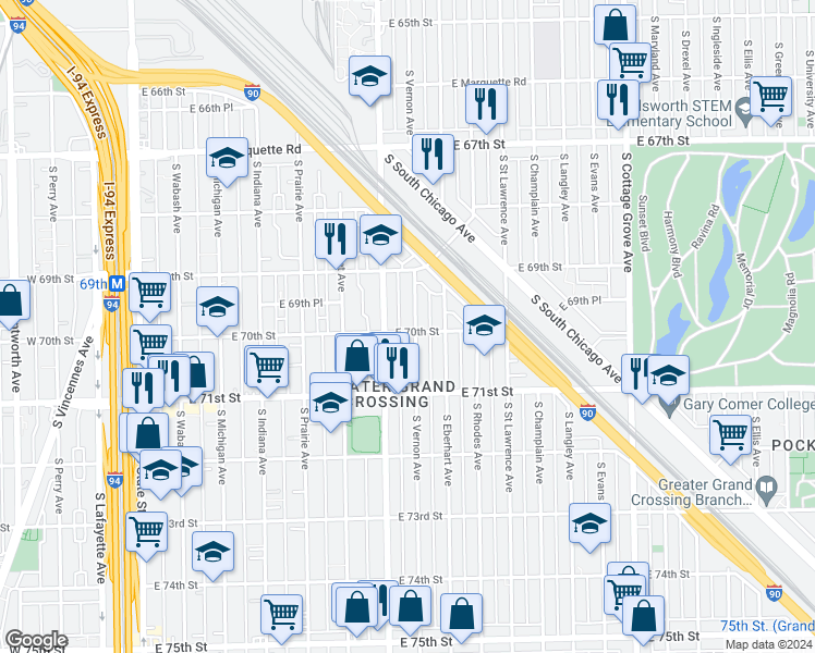 map of restaurants, bars, coffee shops, grocery stores, and more near 7001 South King Drive in Chicago