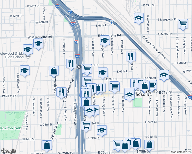map of restaurants, bars, coffee shops, grocery stores, and more near 60 East 70th Street in Chicago