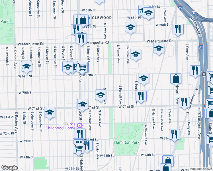 map of restaurants, bars, coffee shops, grocery stores, and more near 6949 South Lowe Avenue in Chicago