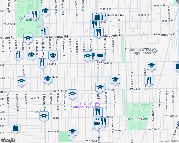 map of restaurants, bars, coffee shops, grocery stores, and more near 6945 South Peoria Street in Chicago