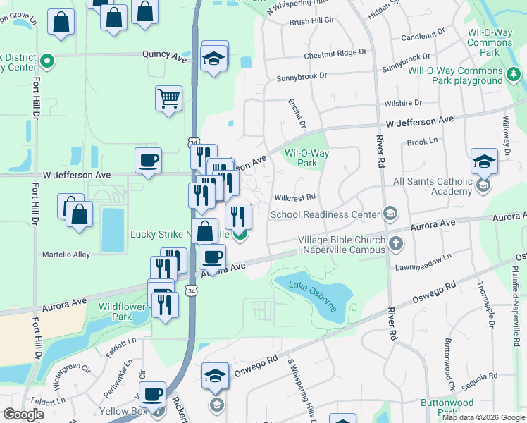 map of restaurants, bars, coffee shops, grocery stores, and more near 401 South Whispering Hills Drive in Naperville