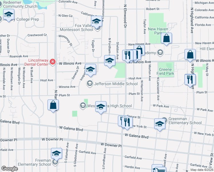 map of restaurants, bars, coffee shops, grocery stores, and more near 520 West Pleasure Court in Aurora