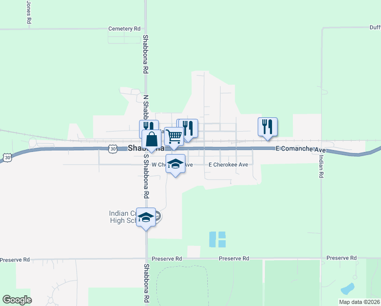 map of restaurants, bars, coffee shops, grocery stores, and more near 117 West Comanche Avenue in Shabbona