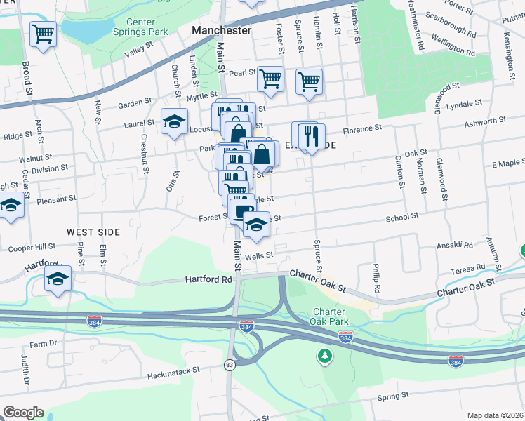 map of restaurants, bars, coffee shops, grocery stores, and more near 29 Eldridge Street in Manchester