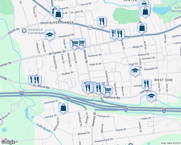 map of restaurants, bars, coffee shops, grocery stores, and more near 182 McKee Street in Manchester