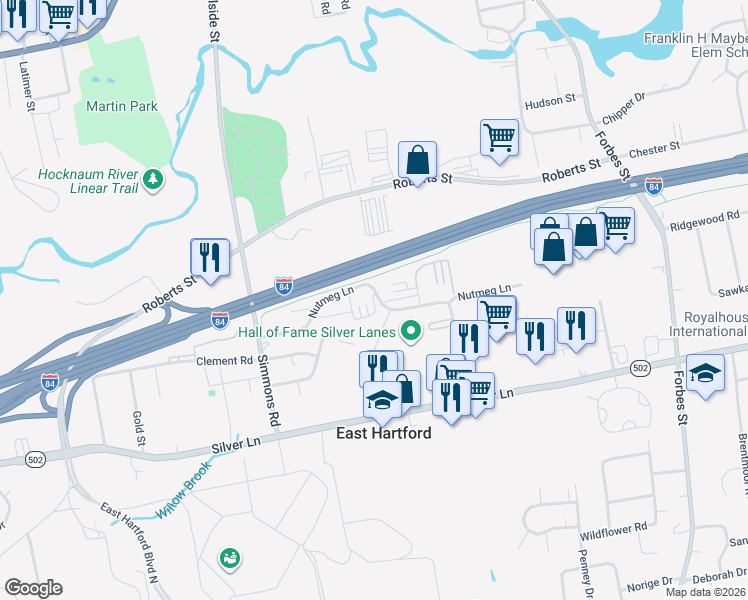 map of restaurants, bars, coffee shops, grocery stores, and more near 95-109 Nutmeg Lane in East Hartford