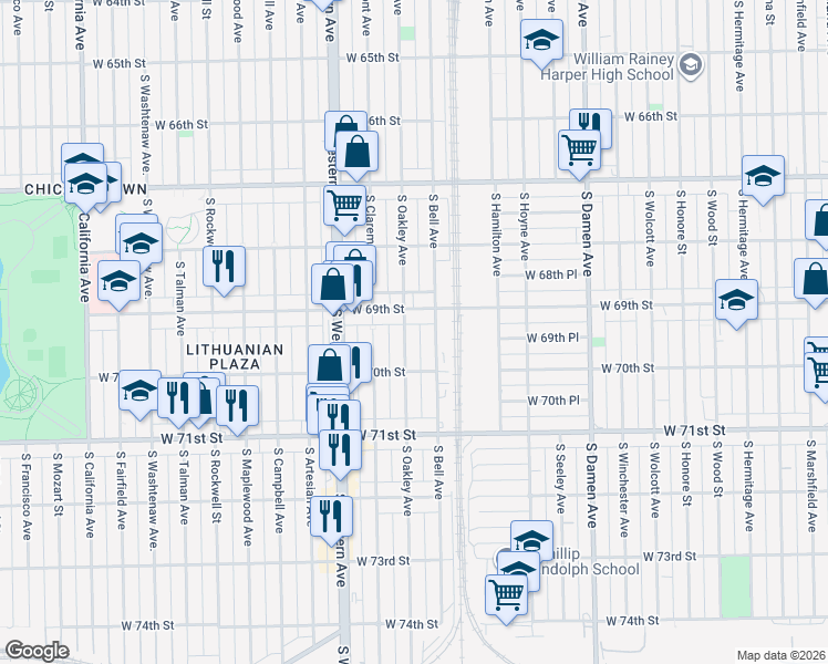 map of restaurants, bars, coffee shops, grocery stores, and more near 6928 South Oakley Avenue in Chicago
