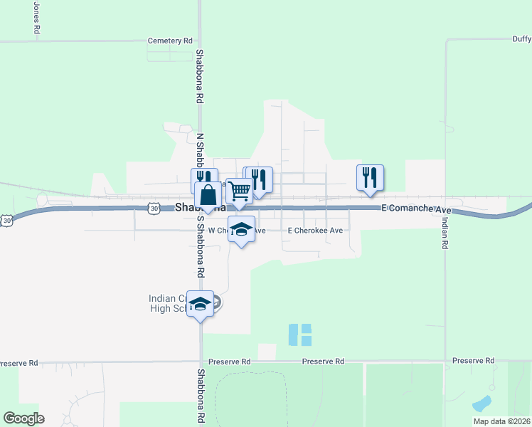 map of restaurants, bars, coffee shops, grocery stores, and more near 117 West Comanche Avenue in Shabbona