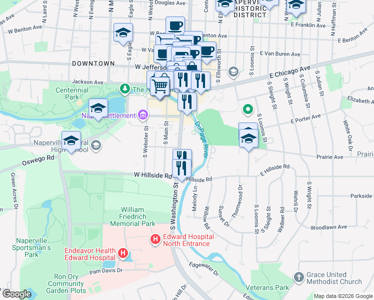 map of restaurants, bars, coffee shops, grocery stores, and more near 600 South Washington Street in Naperville