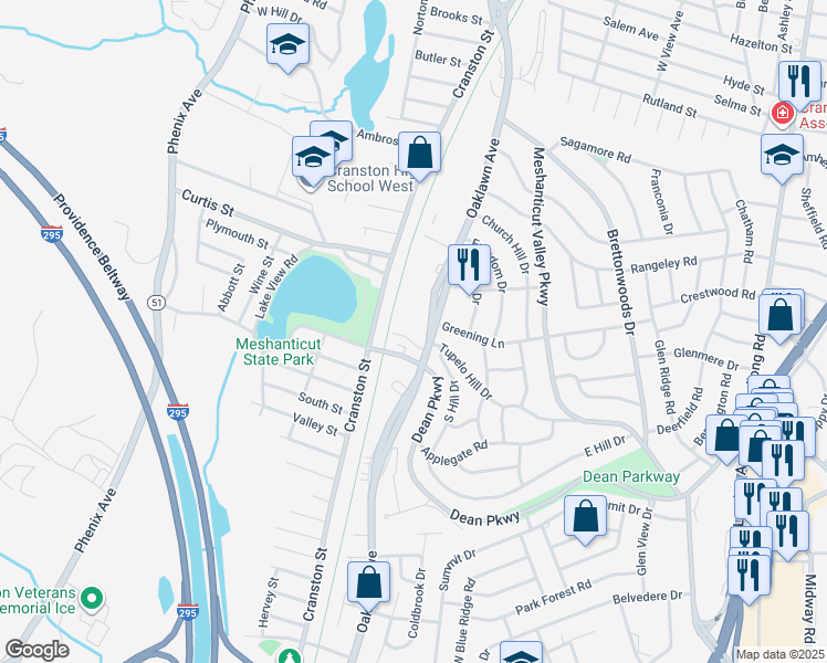 map of restaurants, bars, coffee shops, grocery stores, and more near 295 Oaklawn Avenue in Cranston