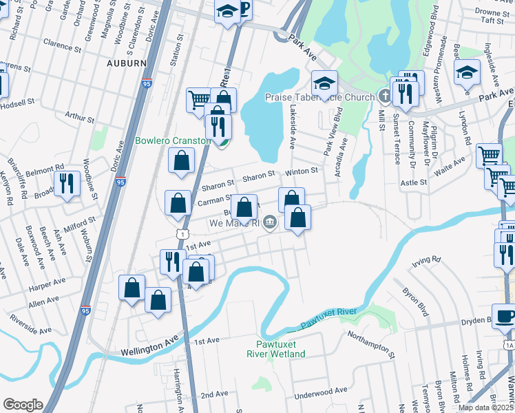 map of restaurants, bars, coffee shops, grocery stores, and more near 105 Burbank Street in Cranston