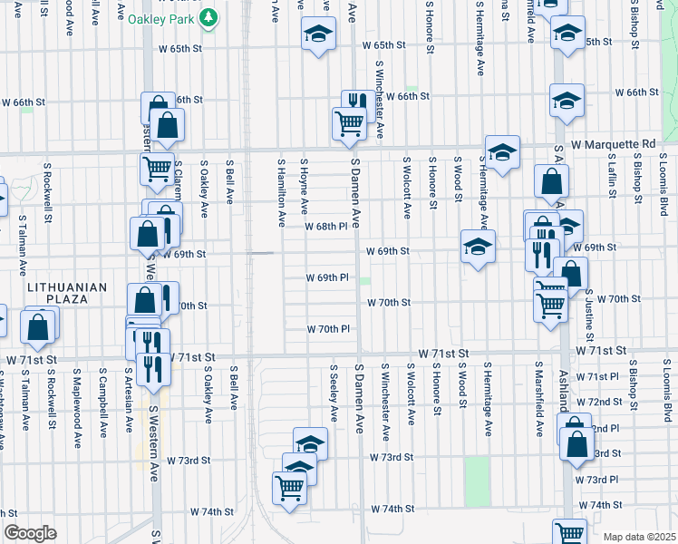 map of restaurants, bars, coffee shops, grocery stores, and more near 2020 West 69th Place in Chicago