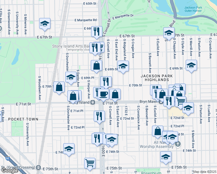 map of restaurants, bars, coffee shops, grocery stores, and more near 7010 South Cornell Avenue in Chicago