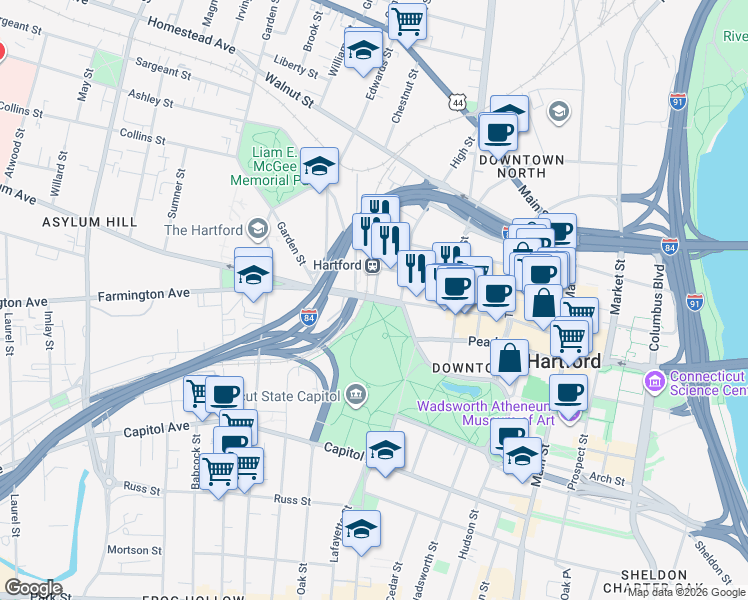 map of restaurants, bars, coffee shops, grocery stores, and more near 419 Asylum Street in Hartford