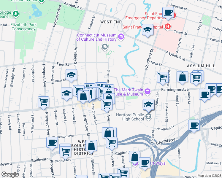 map of restaurants, bars, coffee shops, grocery stores, and more near 26 Sherman Street in Hartford