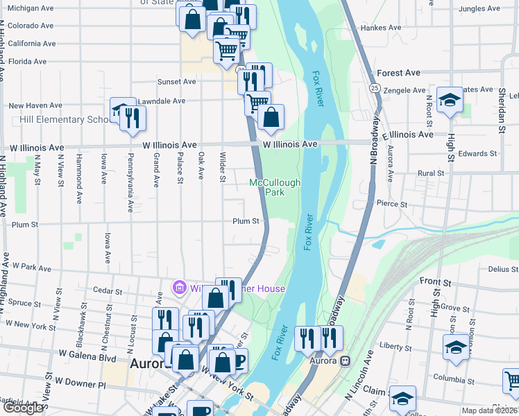 map of restaurants, bars, coffee shops, grocery stores, and more near 217 Plum Street in Aurora