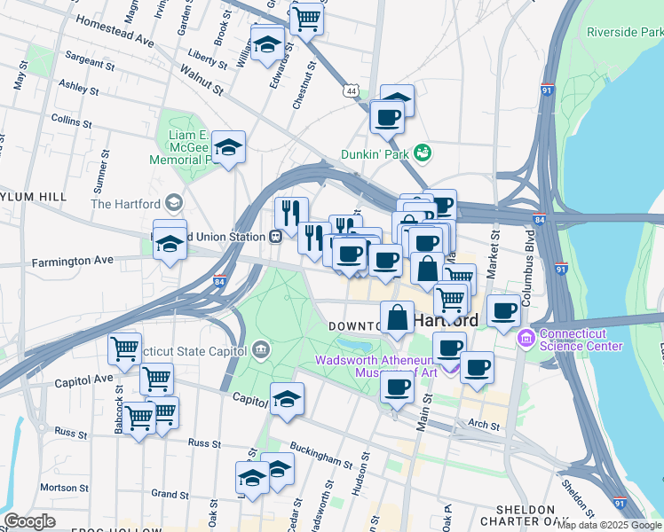 map of restaurants, bars, coffee shops, grocery stores, and more near 356 Asylum Street in Hartford