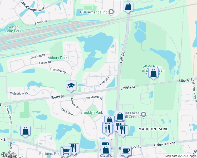 map of restaurants, bars, coffee shops, grocery stores, and more near 2800 Pontiac Drive in Aurora