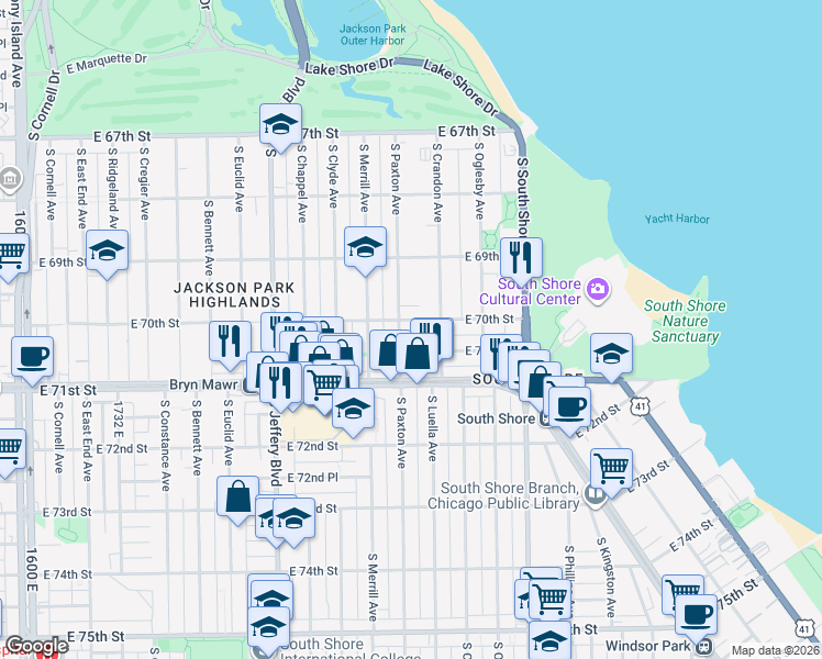 map of restaurants, bars, coffee shops, grocery stores, and more near 2209 East 70th Street in Chicago