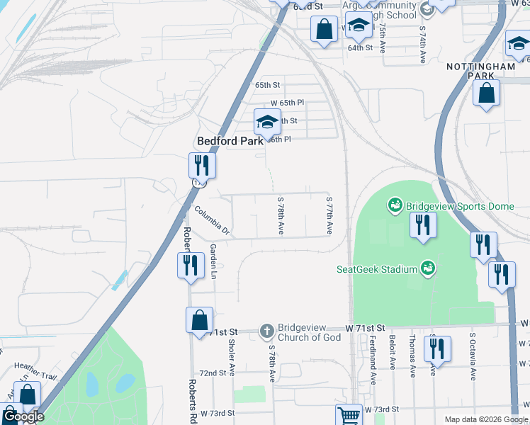 map of restaurants, bars, coffee shops, grocery stores, and more near 6806 La Porte Court in Bridgeview