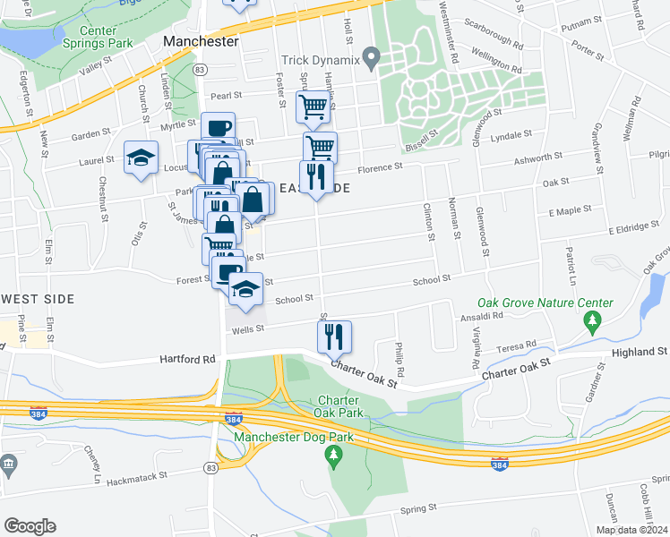 map of restaurants, bars, coffee shops, grocery stores, and more near 111 Eldridge Street in Manchester