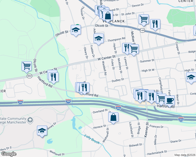 map of restaurants, bars, coffee shops, grocery stores, and more near 39 Pioneer Circle in Manchester