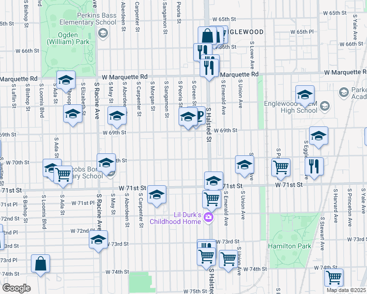 map of restaurants, bars, coffee shops, grocery stores, and more near 6933 South Peoria Street in Chicago