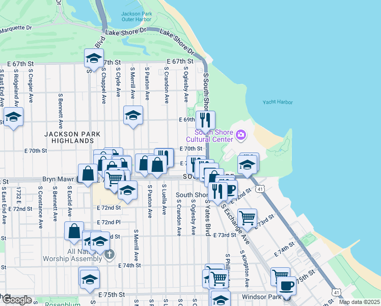 map of restaurants, bars, coffee shops, grocery stores, and more near 7014 South Oglesby Avenue in Chicago