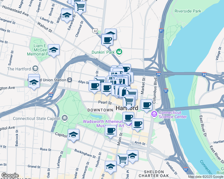 map of restaurants, bars, coffee shops, grocery stores, and more near in Hartford