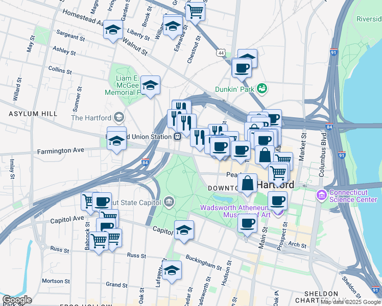 map of restaurants, bars, coffee shops, grocery stores, and more near 402 Asylum Street in Hartford