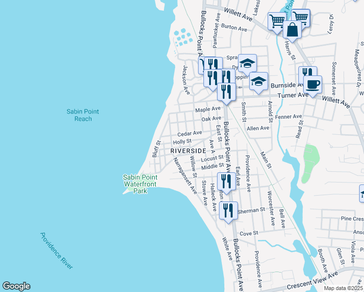 map of restaurants, bars, coffee shops, grocery stores, and more near 95 Cypress Street in East Providence
