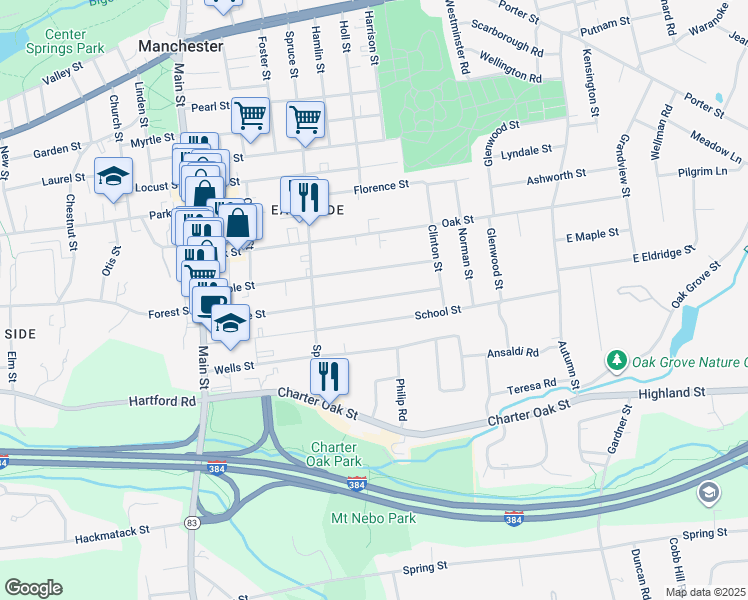 map of restaurants, bars, coffee shops, grocery stores, and more near 156 Eldridge Street in Manchester