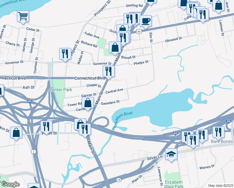map of restaurants, bars, coffee shops, grocery stores, and more near 76 Saunders Street in East Hartford